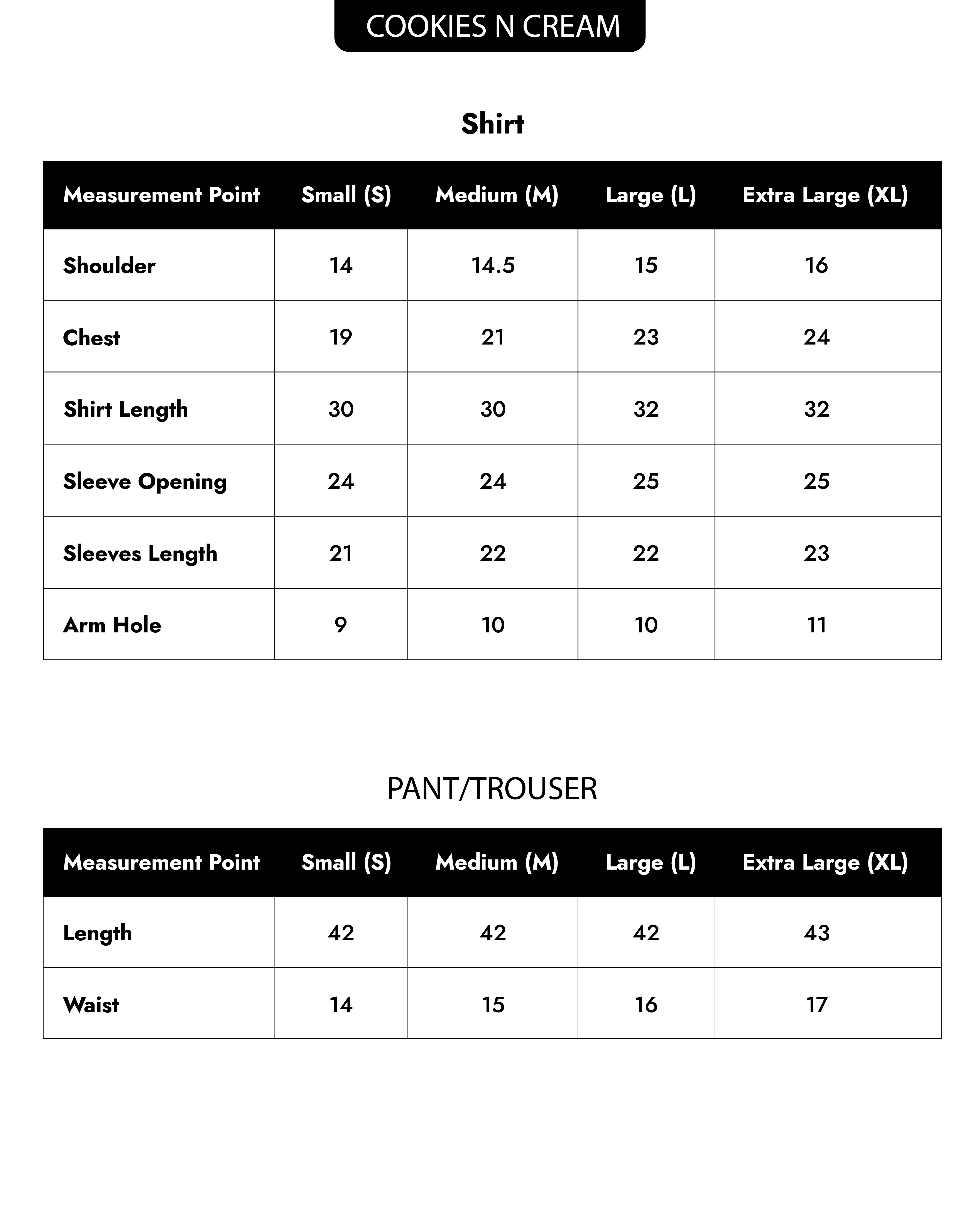 Cookies n Cream Size Chart