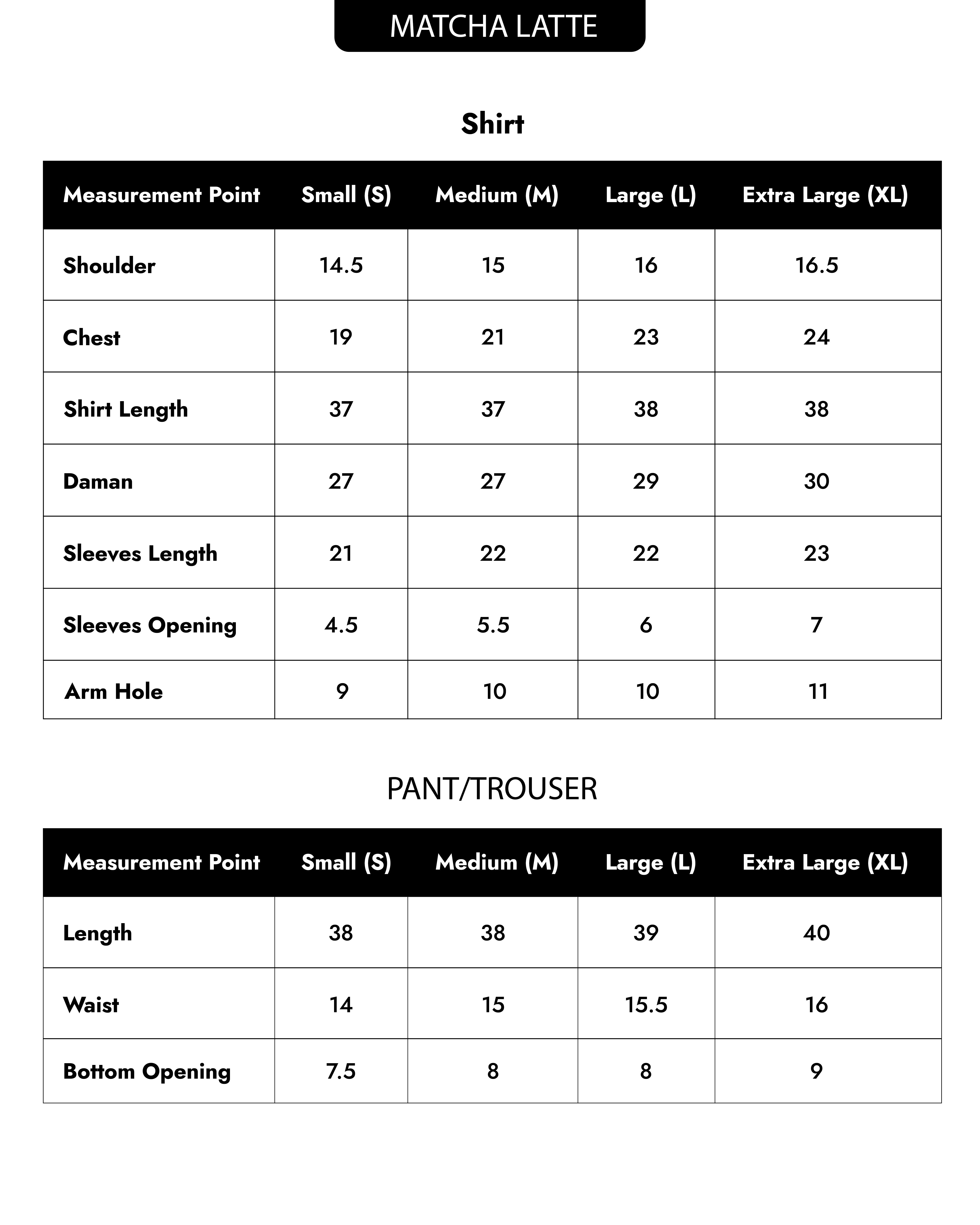 Matcha Latte Size Chart