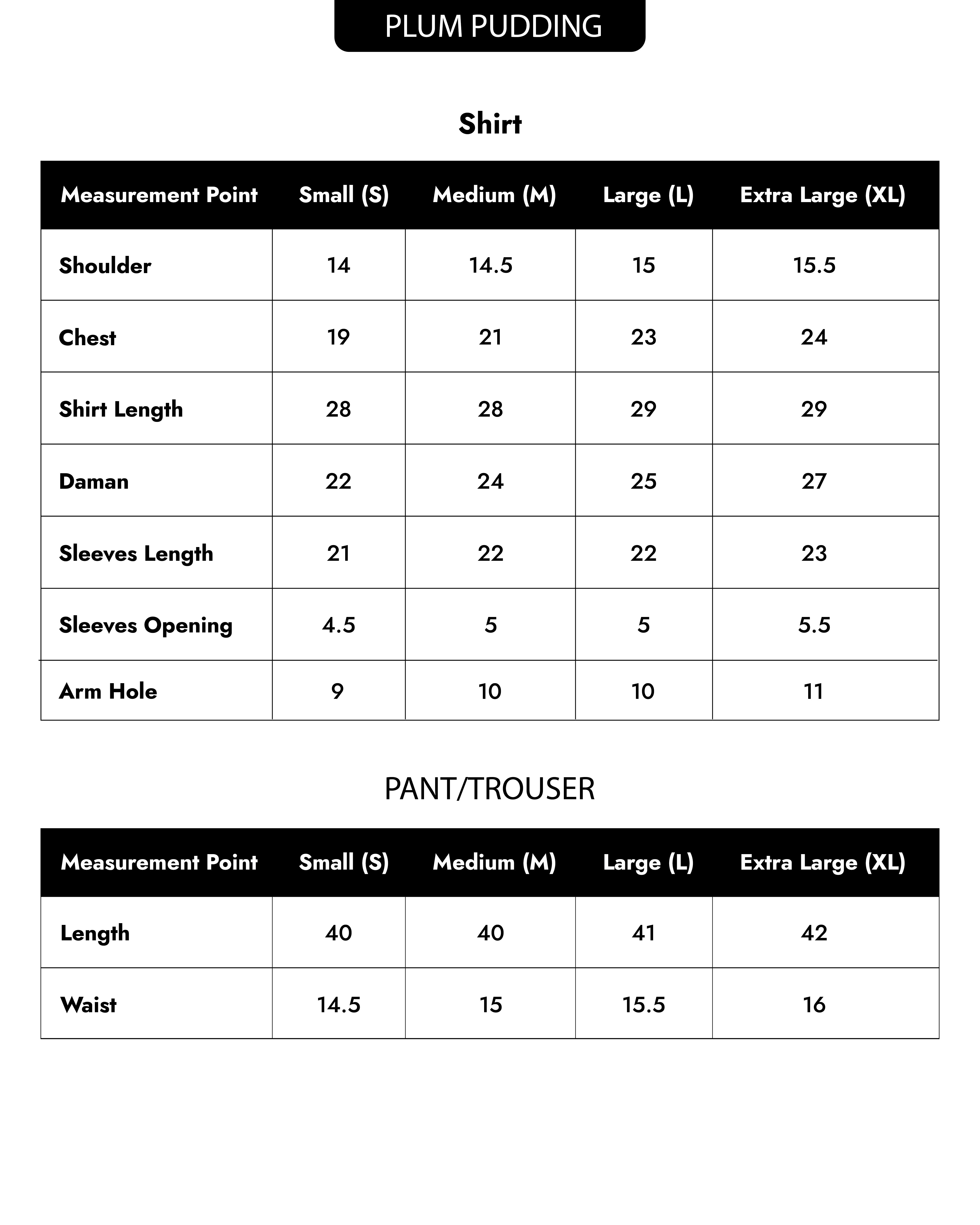 Plum Pudding Size Chart